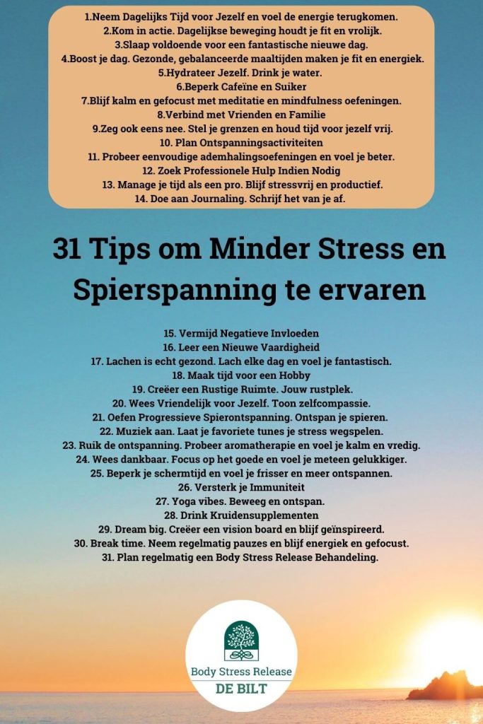 Infographic met 31 tips voor stressvermindering en het verminderen van spierspanning, inclusief zelfzorg, mindfulness, en ademhalingsoefeningen